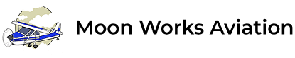 Logo of Moon Works Aviation featuring a small blue and white airplane illustration next to the company name.